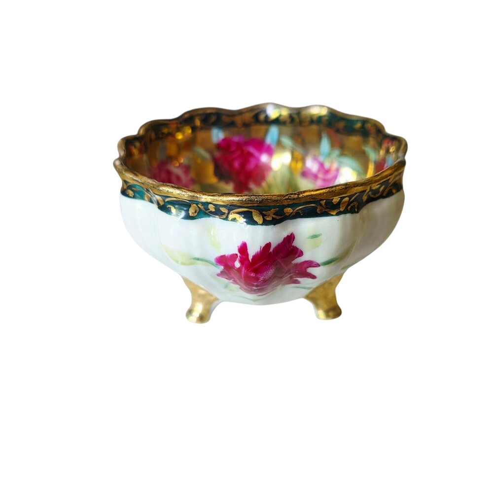 Antique Hand Painted Footed Ring Bowl Nippon Pink Roses Gold Gilt 3”